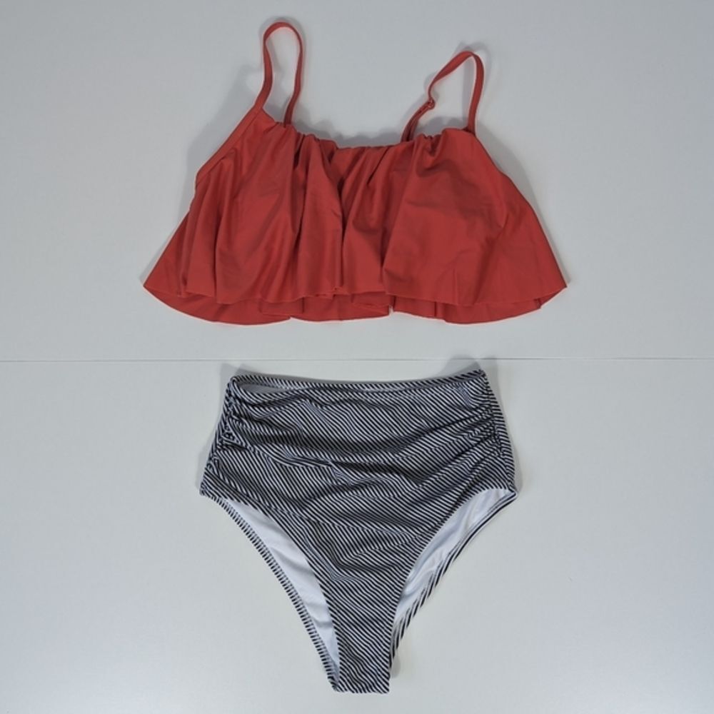 Cupshe High Waisted Swim Suit Bikini Blue and White Striped Small